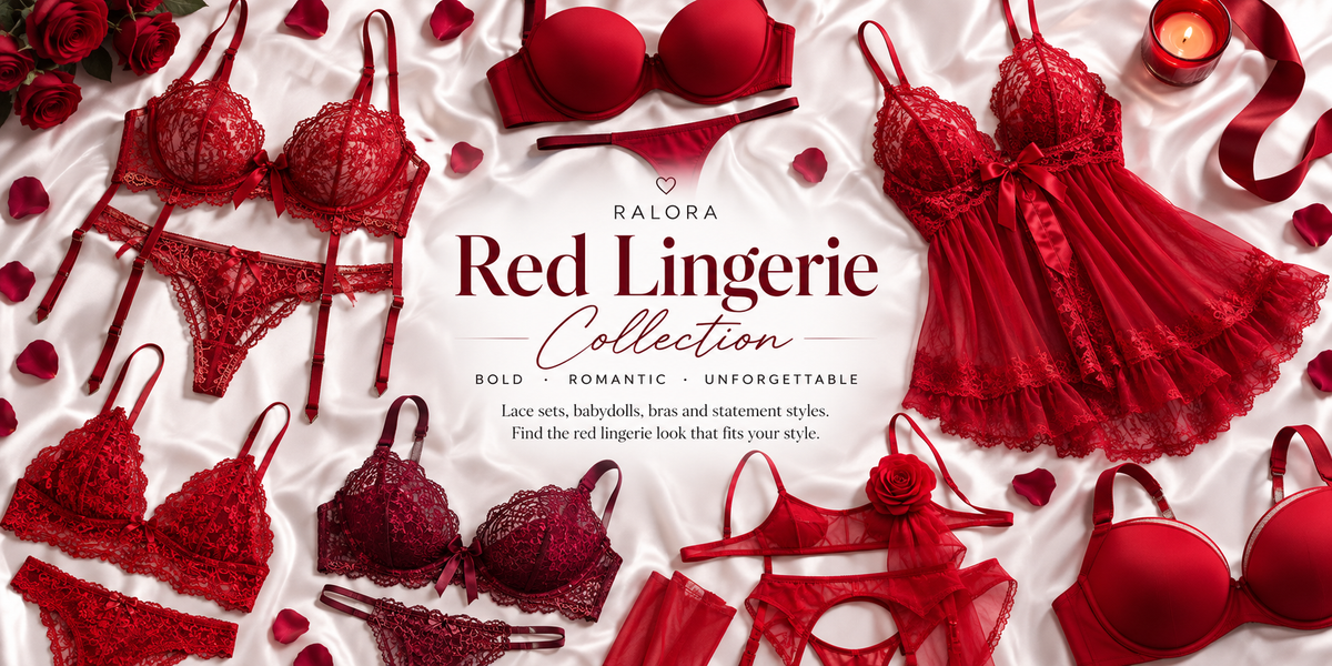 Red lingerie collection featuring lace sets, bras, babydolls and matching pieces on white satin