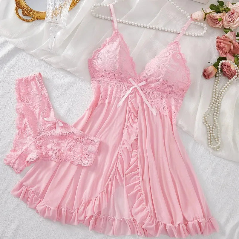 Pink Lace Babydoll Lingerie Set – Ruffle Slip & Matching Panty