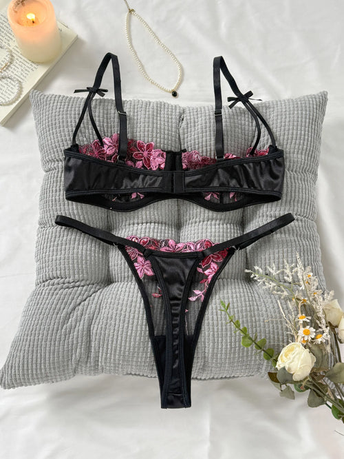 Black Floral Embroidered Lingerie Set – Bra & Matching Panty