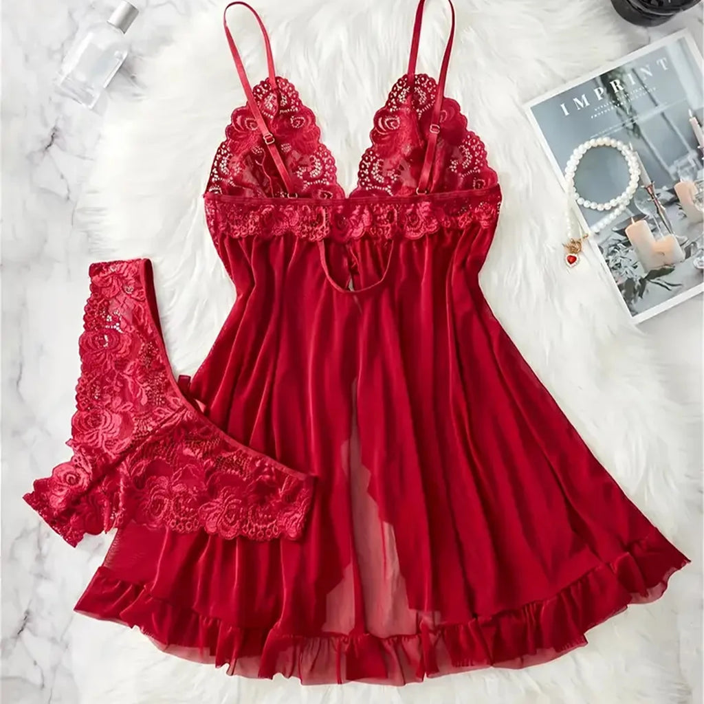 Red Lace Babydoll Lingerie Set – Satin Nightdress & Matching Panty