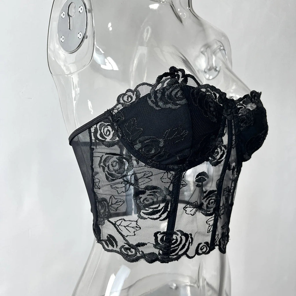 Black Floral Lace Corset Top – Sheer Strapless Bustier