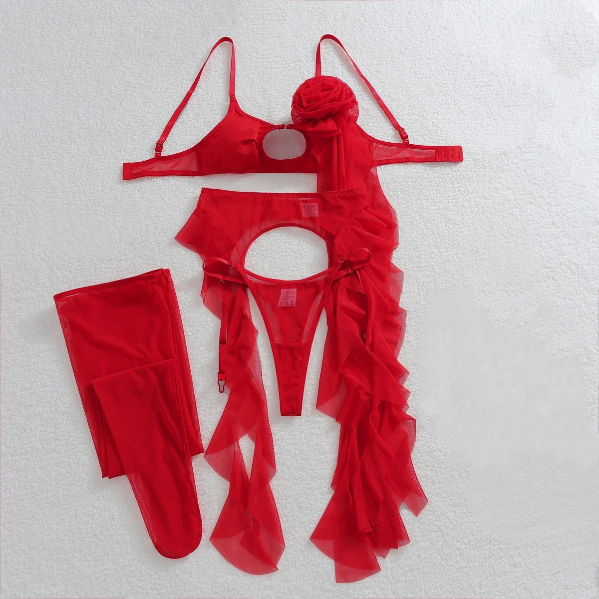 Red Mesh Garter Lingerie Set – Rose Detail Bra, Panty & Stockings
