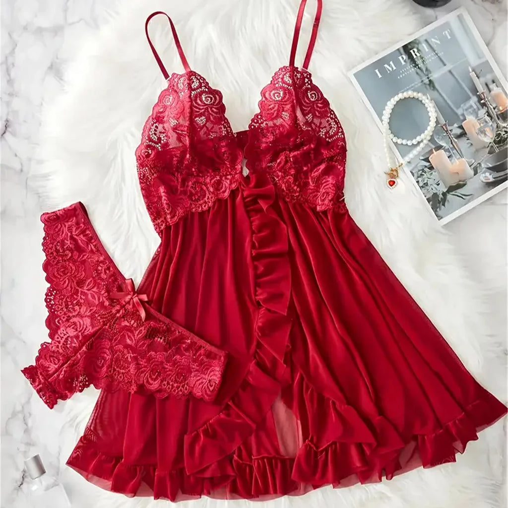 Red Lace Babydoll Lingerie Set – Satin Nightdress & Matching Panty