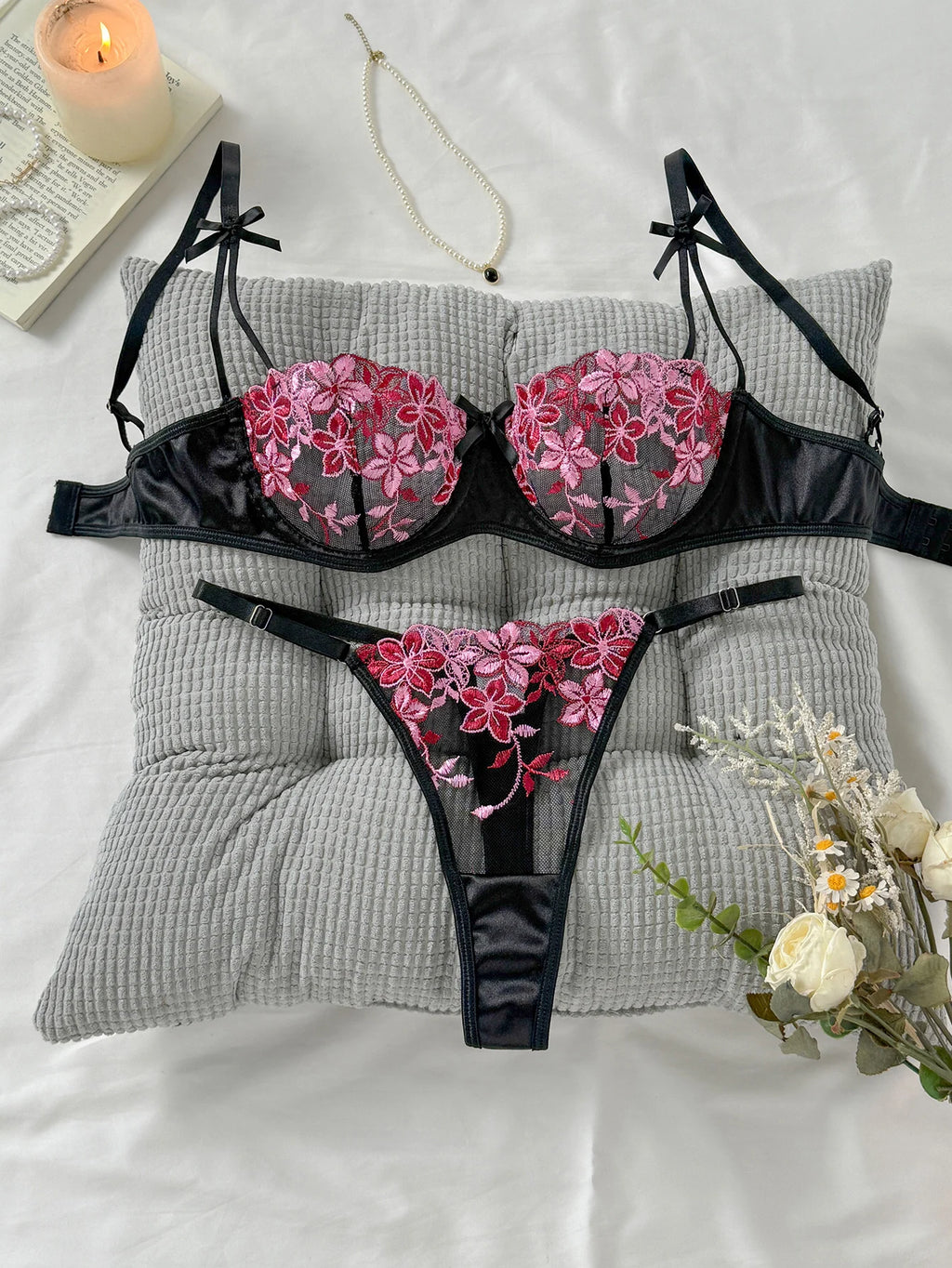 Black Floral Embroidered Lingerie Set – Bra & Matching Panty
