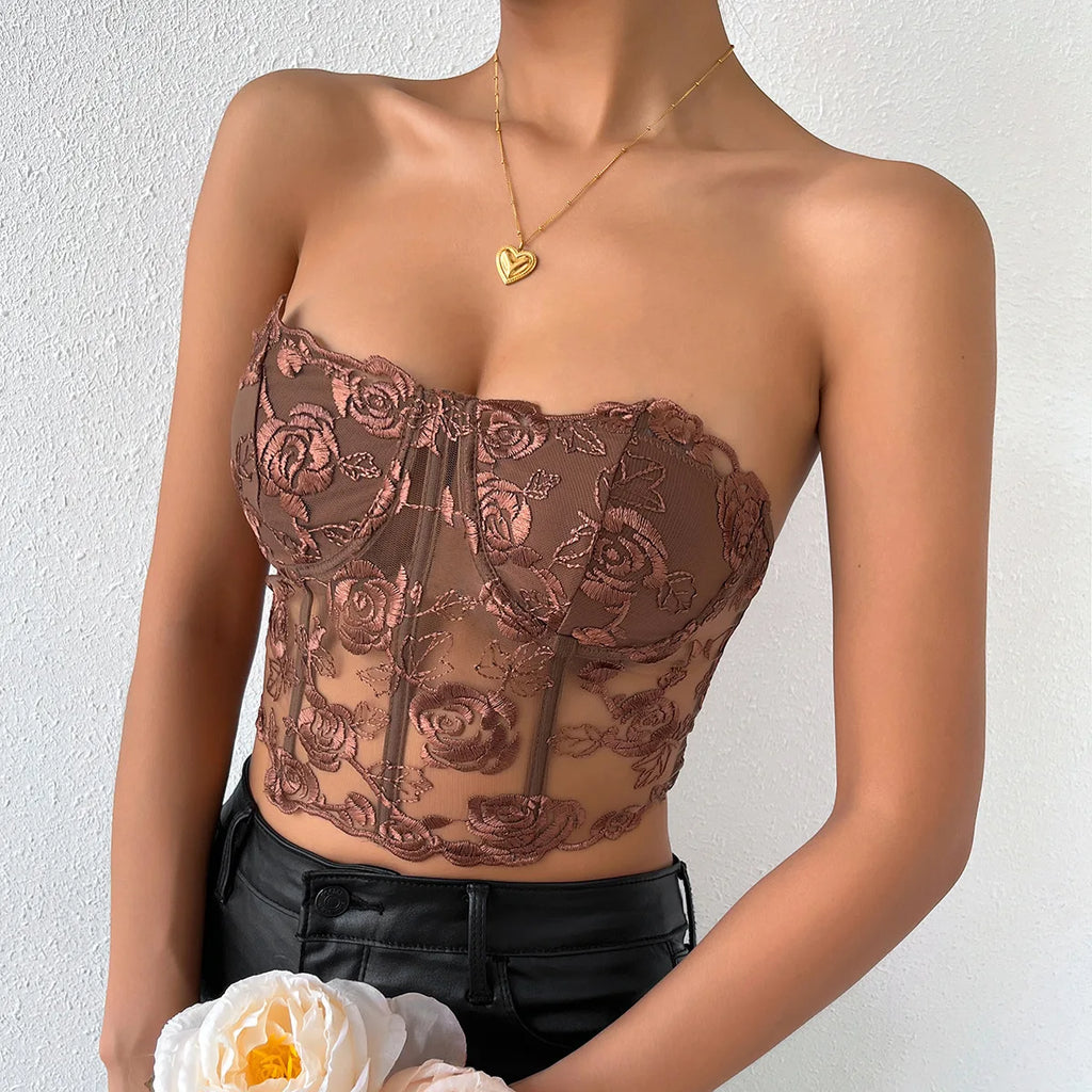 Black Floral Lace Corset Top – Sheer Strapless Bustier