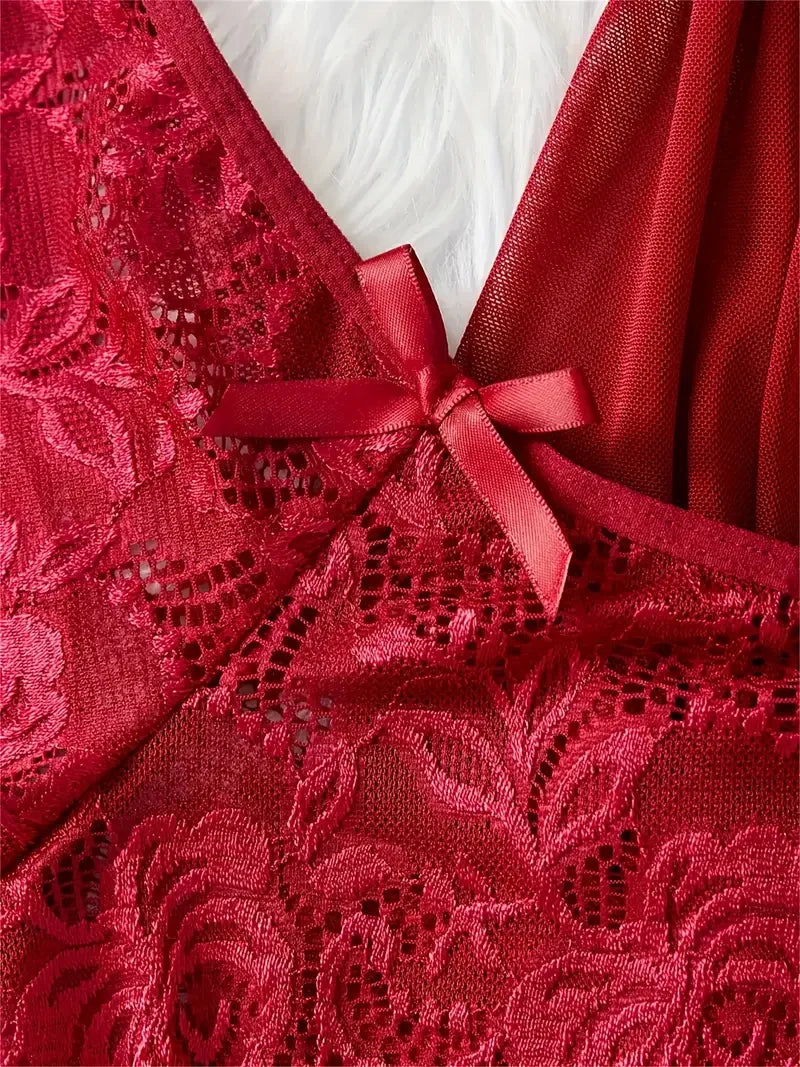 Red Lace Babydoll Lingerie Set – Satin Nightdress & Matching Panty