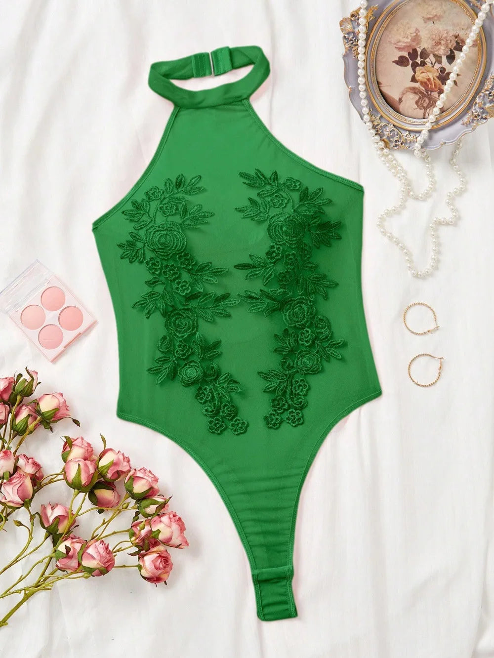 Black Sheer Mesh Teddy Lingerie – Floral Halter Bodysuit