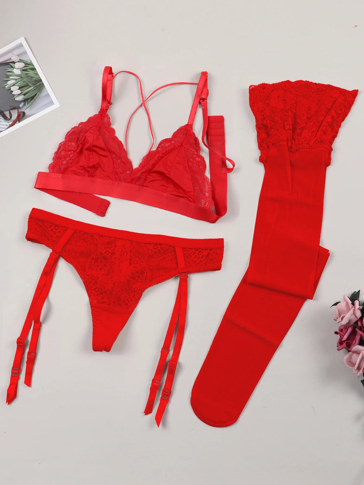 Red Lace Garter Lingerie Set – Bralette, Panty & Garter Belt