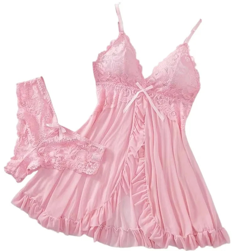 Pink Lace Babydoll Lingerie Set – Ruffle Slip & Matching Panty