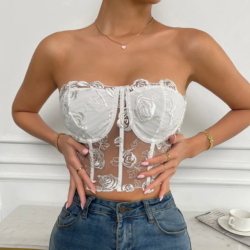 Black Floral Lace Corset Top – Sheer Strapless Bustier