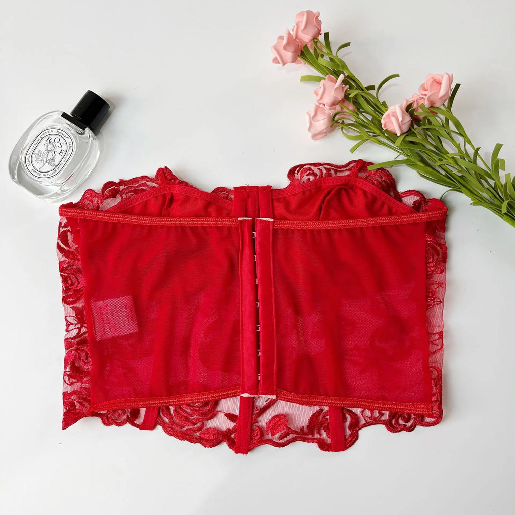 Black Floral Lace Corset Top – Sheer Strapless Bustier