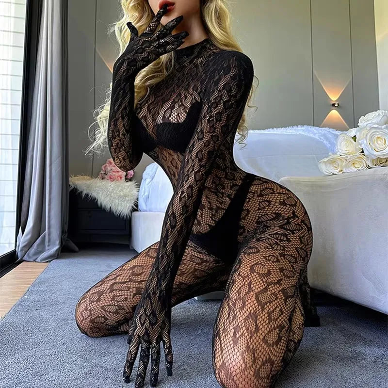 Black Crotchless Lace Bodystocking – Long Sleeve Sheer Catsuit