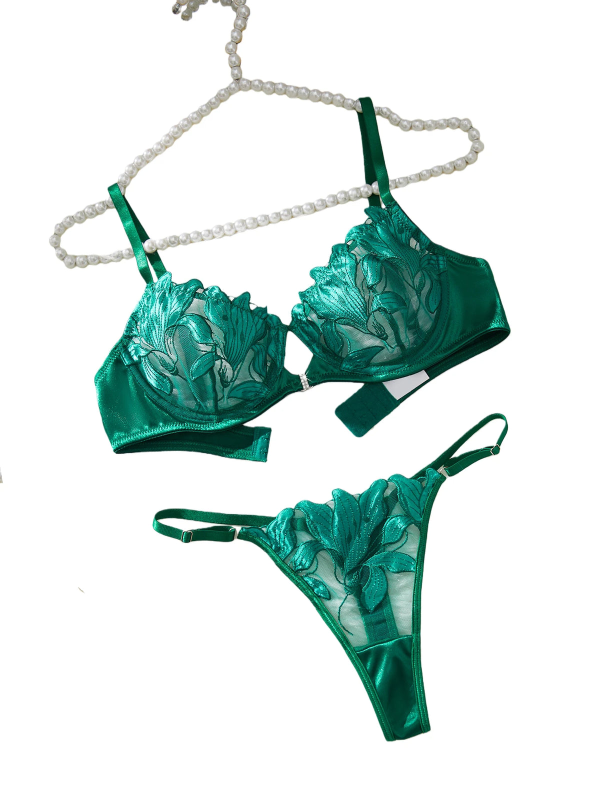 Emerald Green Embroidered Lingerie Set – Underwire Bra & Matching Panty