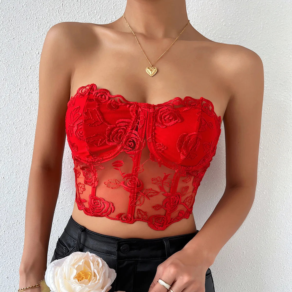 Black Floral Lace Corset Top – Sheer Strapless Bustier