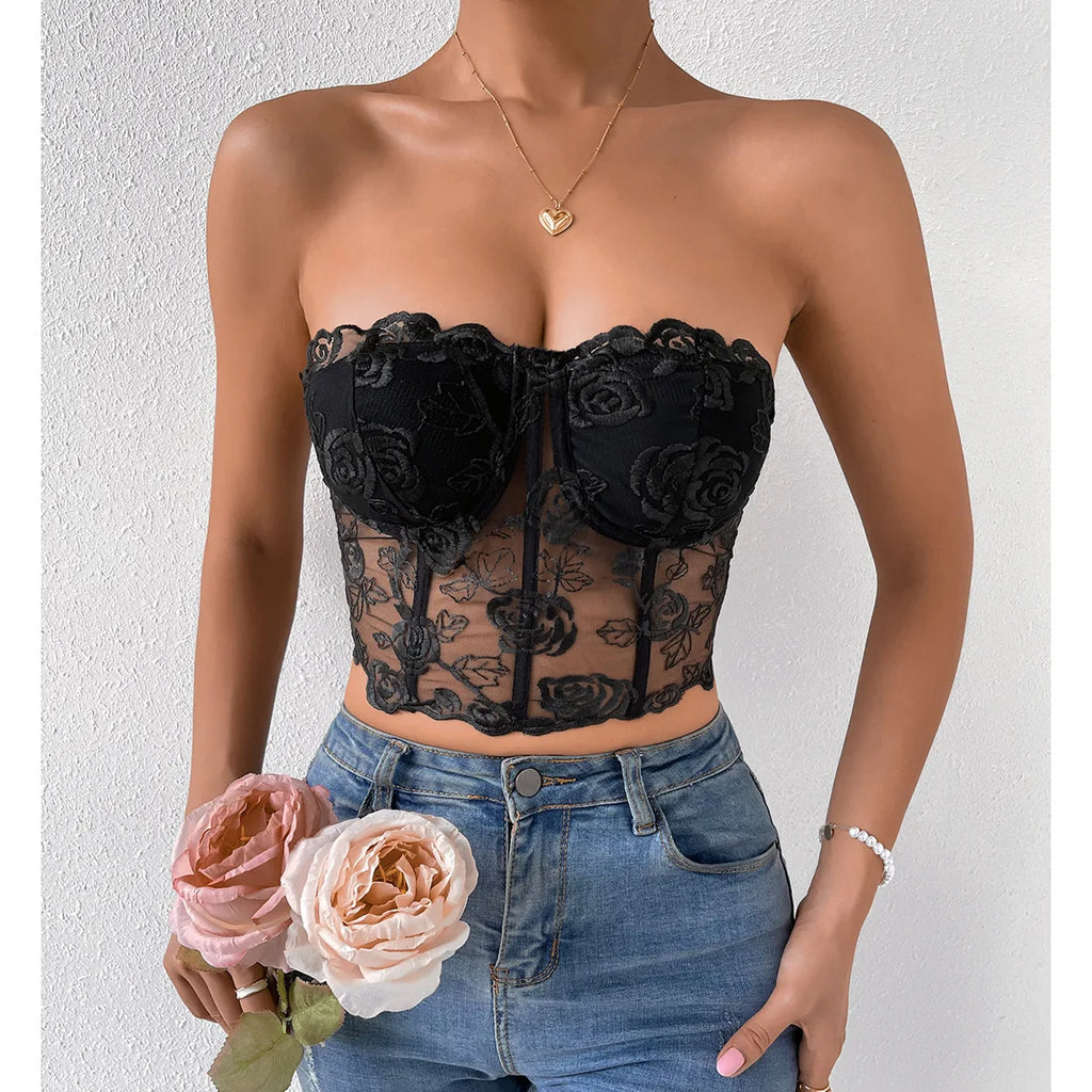 Black Floral Lace Corset Top – Sheer Strapless Bustier