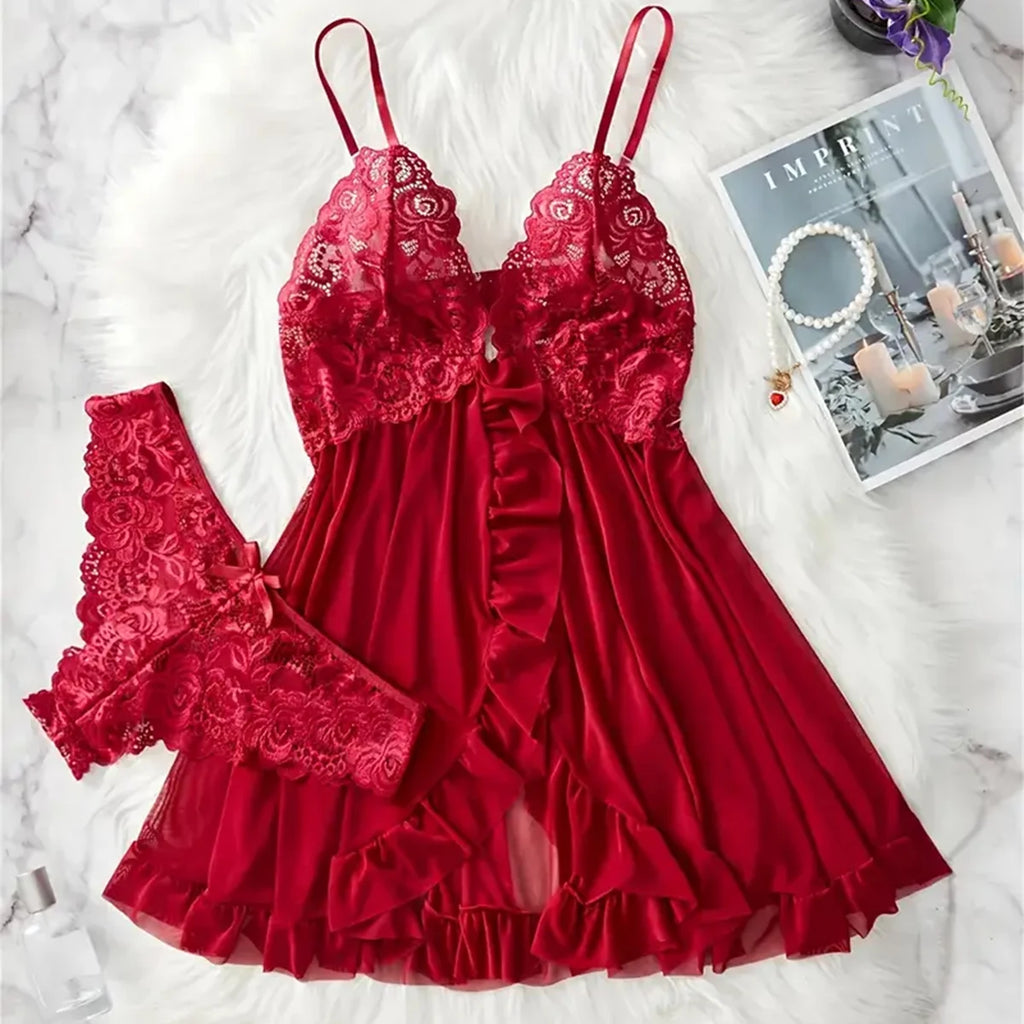 Red Lace Babydoll Lingerie Set – Satin Nightdress & Matching Panty