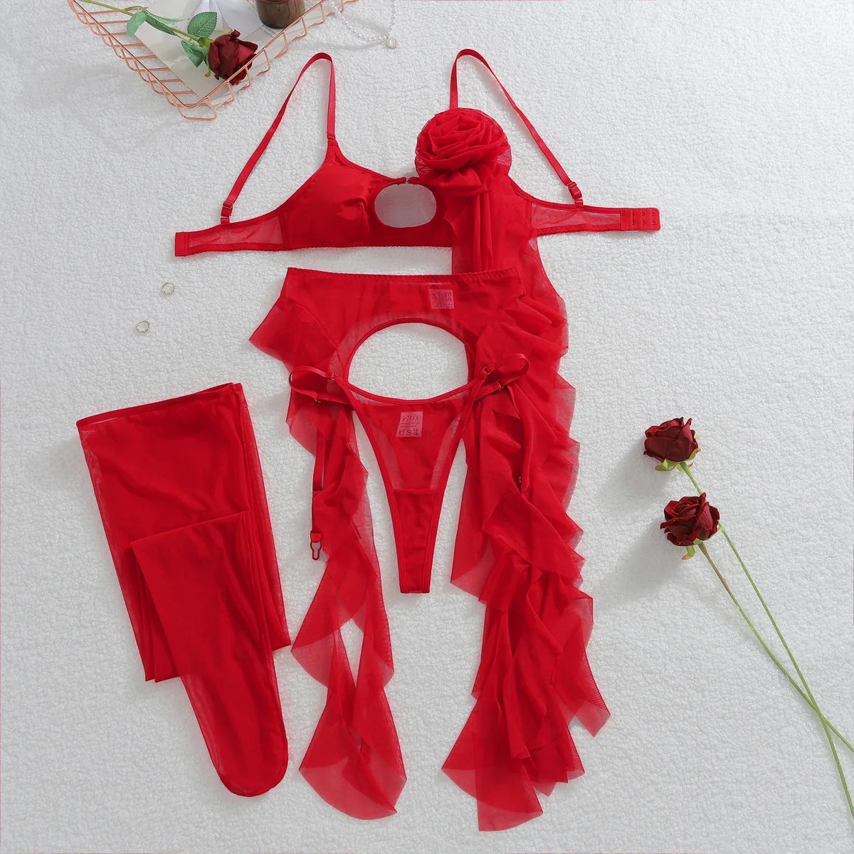 Red Mesh Garter Lingerie Set – Rose Detail Bra, Panty & Stockings
