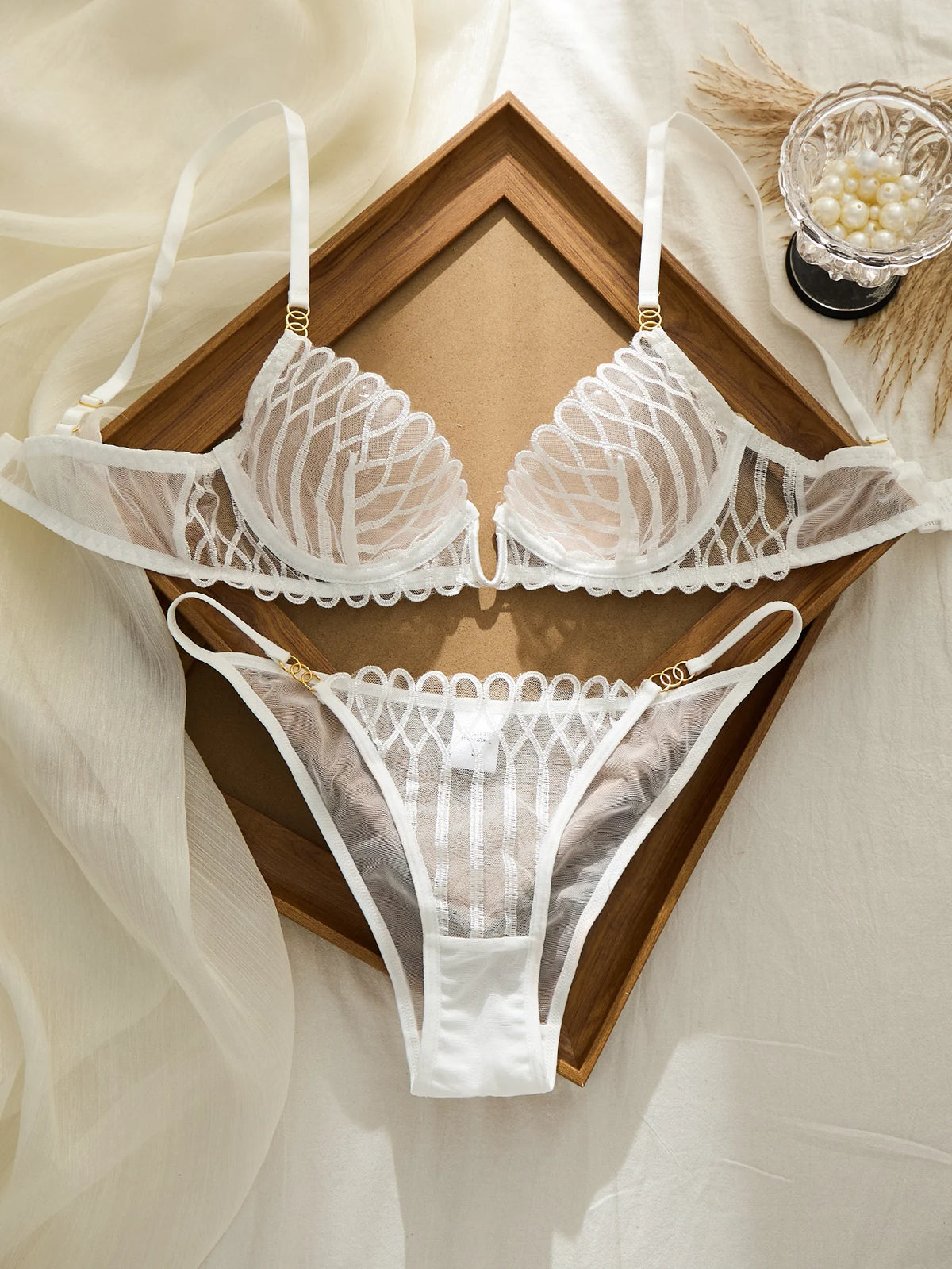 White Embroidered Bridal Lingerie Set – Sheer Bra & Matching Panty