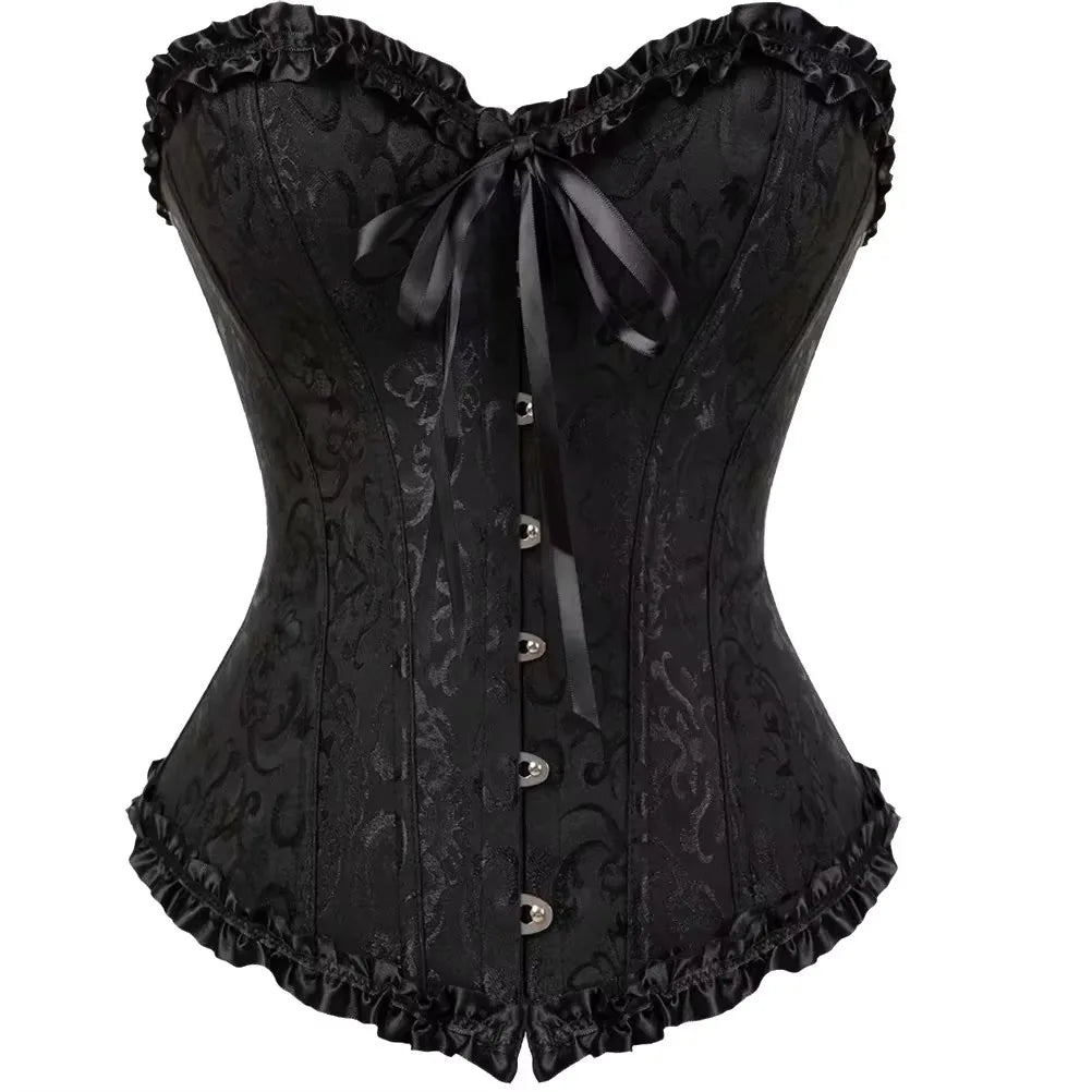 Black Jacquard Overbust Corset – Lace-Up Vintage Bustier