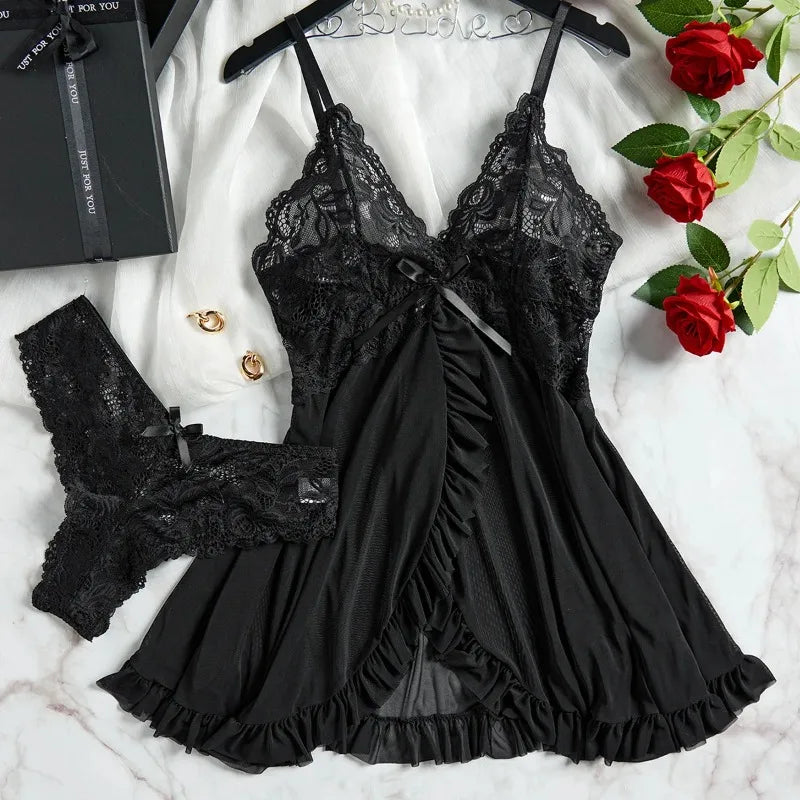 Pink Lace Babydoll Lingerie Set – Ruffle Slip & Matching Panty